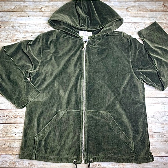Green Hooded Full Zip Jacket Velour Jennifer Moore Active EUC M Front Pockets - Picture 1 of 7